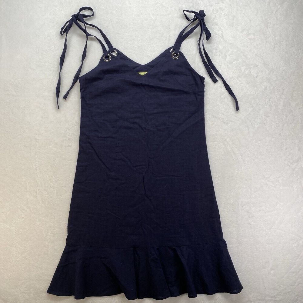Gianni Bini Navy Blue Nancy Sundress Linen/Cotton Strap Ties Grommet Size XS